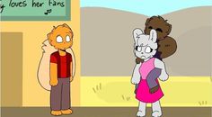 an animated cat is talking to another cat in front of a sign that says it's her fans