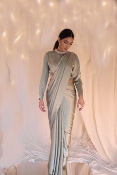 Sage green satin silk saree Green Silk Saree, Eid Look, Eid Outfits, Hijabi Fashion