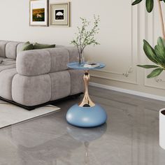 a living room with a couch, coffee table and potted plant on the floor