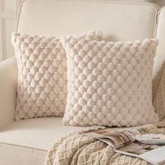 two white pillows sitting on top of a couch next to a magazine and pillow case