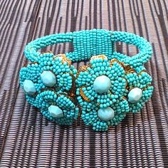 This Beauty Is A Rare Early 1930s Miriam Haskell Clamper Bracelet. Vintage Frank Hess Miriam Haskell Clamper Turquoise Bracelet With Beaded Flowers. Absolutely Beautiful Piece! **Not Eligible For The Bundle Discount! Fast Shipping!! Handmade Vintage Blue Beaded Bracelets, Vintage Blue Beaded Bracelets With Round Beads, Elegant Turquoise Bracelets With Large Beads, Elegant Turquoise Bracelet With Large Beads, Vintage Turquoise Round Bead Bracelets, Vintage Turquoise Beaded Bracelets, Vintage Blue Beaded Bracelets, Traditional Blue Jewelry With Bead Caps, Light Blue Beaded Bracelet