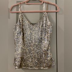 Scala Gold Sleeveless Sequined Top Size Small Spring Sleeveless Camisole For Night Out, Stretch Cami Vest For Parties, Spring Tank Vest For Night Out, Glamorous Summer Tank Camisole, Spring Party Sleeveless Camisole, Spring Sleeveless Tank Top For Party, Sleeveless Tank Top For Spring Party, Spring Party Tank Top, Glamorous Sleeveless Summer Camisole