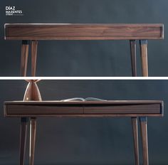 two photographs of a wooden table with an open book on it, and one showing the bottom section of the table