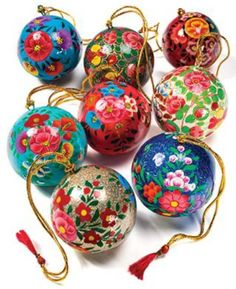 many colorful ornaments with flowers and tassels