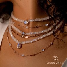 Our Wild Child Necklace, featuring mesmerizing Moonstones, embodies the essence of untamed spirit and boundless energy. Crafted for free-spirited souls, it encourages you to face new adventures and relieves stress so you can enjoy the beauty of the unknown. 
Details
- Authentic Moon Magic Rainbow Moonstone- Genuine White Topaz- Stone Size: 0.23" x 0.18" (6mm x 4.5mm)- Chains Length:   1st layer: 14" with 2" extender  2nd layer: 16" with 2" extender  3rd layer: 20" with 2" extender- Cut: Raw & un Magic Rainbow, Moonstone Bracelet, Kids Necklace, Moonstone Beads, Ethical Jewelry, Moonstone Earrings, Moon Magic, Moonstone Necklace, Topaz Stone