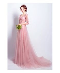 Romantic A-line V-neck Sweep Train Tulle Wedding Dress With Flowers V-neck Tulle Evening Dress For Wedding, Tulle Gown With Sweep Train For Wedding, Wedding Gown With Sweep Train In Tulle, Tulle V-neck Evening Dress For Wedding, Tulle Evening Dress With Sweep Train For Wedding, Pink Floor-length Wedding Dress With Sweep Train, Tulle V-neck Bridesmaid Dress For Wedding, Bridesmaid Tulle Wedding Dress With Sweep Train, Bridesmaid Wedding Dress With Sweep Train And Tulle Material