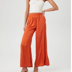 Satin Vented-Hem Wide-Leg Pants. Orange. Size M Casual Summer Wide Leg Viscose Pants, Casual Wide Leg Viscose Pants For Summer, Summer Casual Wide Leg Viscose Pants, Casual Viscose Wide Leg Pants For Summer, Summer Wide-leg Viscose Pants, Summer Viscose Wide-leg Pants, Spring Wide Leg Viscose Bottoms, Wide Leg Rayon Lounge Pants, Spring Viscose Wide Leg Bottoms