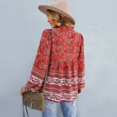 This cute woven blouse has a red, orange and white print, V-neckline, and long sleeves with drawstring neckline detail.The fabric is flowy, comfortable and breathable for that perfect spring, summer or fall outing.Fit & Measurements:S: length 26.77 in, bust 37.80 in, sleeve 24.41 in, shoulder 14.17 inM: length 27.17 in, bust 39.37 in, sleeve 24.80 in, shoulder 14.57 inL: length 27.76 in, bust 41.73 in, sleeve 25.39 in, shoulder 15.16 inXL: length 28.35 in, bust 44.09 in, sleeve 25.98 in, shoulde Drawstring Neckline, Balloon Sleeve Top, Tie Neck Tops, Bohemian Print, Boho Shirts, Comfy Tops, Summer Blouses, Green And Khaki, Floral Style