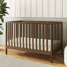 a baby crib in the corner of a room with a white rug and potted plant