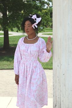 Daphne Dress - Pink Toile — Dynasty George Pink 1700s Dress, Pink Princess Cotton Dress, Pink Historical Dress, Pink Puff Sleeve Smock Dress, Pink Vintage Prairie Dress For Daywear, Nursing Style, Toile Dress, Daphne Dress, Toile Print