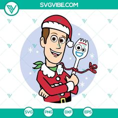 a cartoon character is holding a spoon in his hand and wearing a santa claus hat