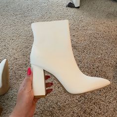 The Description Says 9. I Felt Like They Ran Small So Maybe An 8/8.5 Because They Don’t Fit Me. Never Worn Because They’re Tight On My Toes White Long Boots, White Ankle Boots, Dance Ideas, Christmas Dance, Classy Fits, White Boots, Red Dress, Bootie Boots, Ankle Boots