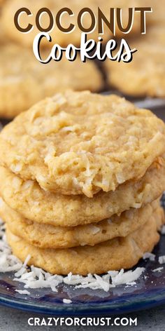 coconut cookies stacked on top of each other with text overlay that reads, easy and delicious