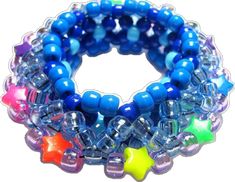 Blue Star-shaped Jewelry With Colorful Beads, Blue Handmade Star-shaped Beaded Bracelets, Blue Beaded Star-shaped Bracelets, Handmade Blue Star-shaped Bracelet, Handmade Blue Star Bracelet, Blue Bracelets With Star Charm And Round Beads, Blue Beaded Bracelets With Star Charm, 3d Kandi Cuff, 3d Kandi