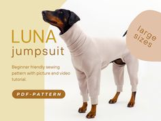 a dog wearing a sweater and pants with the words lunaa jumpsuit on it