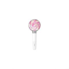 a pink and white lollipop sitting on top of a table