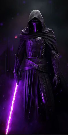 a man in a purple outfit holding a light saber and looking at the camera with his eyes closed