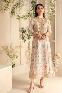 Damsa | Pakistani Designer Outfit | Sarosh Salman Eid Kurta With Multicolor Embroidery And Mirror Work, Anarkali Kurta With Kundan, Traditional Designer Dresses With Pearl Embroidery, Wedding Kurta With Mirror Work In Jamawar, Festive Sharara With Pearl Embroidery And Traditional Drape, Traditional Pearl Embroidery Dress For Designer Wear, Traditional Pearl Embroidered Dresses For Designer Wear, Anarkali Embroidered Dress Designer Wear, Eid Jamawar Kurta With Mirror Work