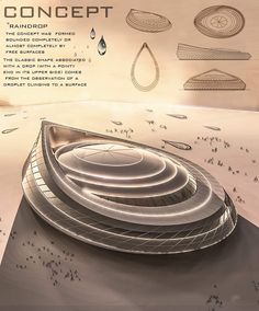 an artistic rendering of a futuristic building with water drops coming out of the top and bottom