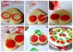 several pictures of decorated cookies with red and green decorations