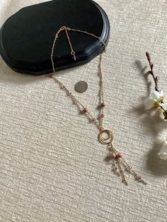 Dainty Rhodonite Beaded Chain Circle Pendant Necklace with Beaded Chain Tassels, One of a Kind Sundance Style, Circle Pendant Necklace, Czech Crystal, Copper Necklace, Crazy Lace Agate, Czech Beads, Stylish Jewelry, Circle Pendant, Brass Chain