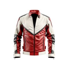 Made to order from 100% genuine leather, this white and red biker jacket is perfect for the biker who wants a stylish and functional piece of outerwear. The jacket features a classic racing style with an asymmetrical zip closure, and epaulettes on the shoulders. The interior is lined with a soft and comfortable satin lining. Features: Made from 100% genuine leather Asymmetrical zip closure Epaulettes on the shoulders Satin lining Two zippered pockets on the front One zippered pocket on the sleev White Long Sleeve Biker Jacket For Motorcycling, White Moto Outerwear For Streetwear, Red Moto Leather Jacket For Motorcycling, White Moto Leather Jacket With Zipper Closure, White Leather Jacket With Zipper For Streetwear, White Leather Jacket For Streetwear, White Winter Outerwear For Biker Events, Red Leather Motorcycling Jacket, White Moto Leather Jacket For Streetwear