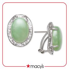 Ultra-elegant oval-shape dyed jade  (10 x 14mm) are wrapped in greek key frames in these beautiful sterling silver drop earrings. Approximate drop: 1/2". Classic Oval Jewelry From Macy's, Macy's Fine Jewelry Oval Shape, Elegant Oval Clip-on Jewelry, Macy's Oval Earrings For Formal Occasions, Macy's Oval Sterling Silver Jewelry, Macy's Oval White Gold Jewelry, Oval Jewelry For Anniversary From Macy's, Classic Oval Pierced Earrings, Classic Oval Cabochon Clip-on Earrings