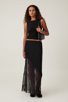 Lace Panel Maxi Skirt Black Maxi Skirt Outfit, Work Fits, Tv Girl, Maxi Skirt Outfits, Black Maxi Skirt, Fits Inspo, Long Sleeve And Shorts, Skirt Outfit, Denim Cotton