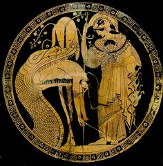 an ancient greek vase with two women and a man in the center, on a black background