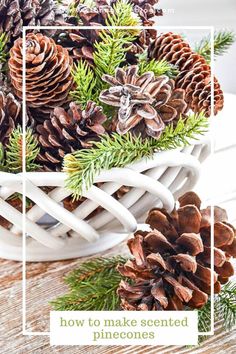 pine cones and evergreen needles in a white basket