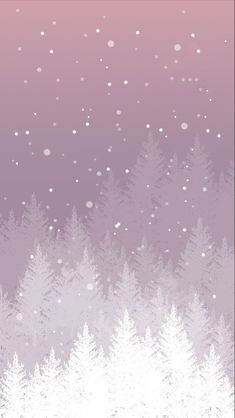 the snow is falling down on the trees in front of purple and pink sky with stars