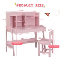 a pink desk and chair with measurements for the top drawer, bottom shelf and bottom shelf