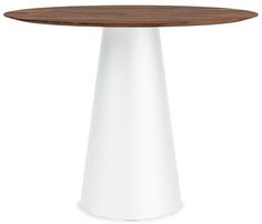 a round wooden table with white base and wood grain top, viewed from the front