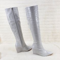 Gorgeous Gray Reptile Texture Knee Boots (Box Says White I Say Gray) Full Side Zipper ) Finished With A Sleek Wedge Heel New In Box Runs True To Size White Synthetic Wedge Heel Boots, White High Heel Wedge Boots For Spring, White Wedge Heel Boots For Spring, Casual White Wedge Boots For Spring, White Platform Boots With Wedge Heel, White Leather High Heel Wedge Boots, White Leather Wedge Heel Boots, Casual White Wedge Heel Boots, White Synthetic Wedge Boots