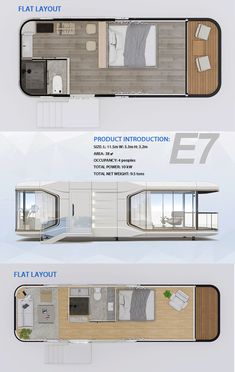 the floor plan for a small houseboat is shown in three different positions, including one with