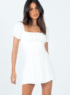 Fauci Mini Dress White Lined Fitted Off-shoulder Dress, Fitted Off-shoulder Lined Dress, Square Neck Lined Mini Dress For Dress Down, Casual Fitted Dress With Straight Neckline, Fitted Mini Length Sundress With Tie Back, Fitted Mini Sundress With Tie Back, Knee-length Tie Back Mini Dress For Day Out, Fitted Off-shoulder Sundress Midi Dress, Fitted Knee-length Sundress For Date Night