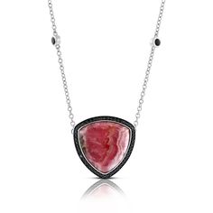 Rhodochrosite  necklace in the iconic Lisa Bridge shield shape, accented with black sapphires, was inspired by the breathtaking sunsets of Hawaii. Each rhodochrosite has its own unique patterning making every necklace one of a kind. Matching earrings, 11647971, and ring, 11647997. In sterling silver, 18 inches long with shortening loop at 16 inches. . Part of the Hawaii Collection by Lisa Bridge, this piece celebrates the vibrant colors of the Hawaiian Islands, and the warm Aloha spirit. Rhodochrosite Necklace, Lose A Stone, Aloha Spirit, Black Sapphire, Shortening, Pink Gemstones, Sapphire Necklace, Hawaiian Islands, Jewelry Cleaner