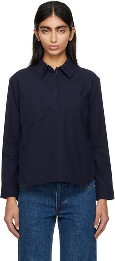 Cotton poplin shirt. · Spread collar · Concealed button placket · Patch pockets · Droptail hem · Button vent at side seams · Two-button barrel cuffs · Inverted pleat at back yoke Supplier color: Dark navy Chelsea Shirt, Cotton Poplin Shirt, Poplin Shirt, Button Placket, Dark Navy, Cotton Poplin, A P, Apparel Accessories, Barrel