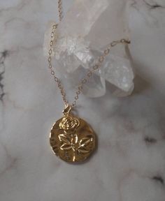 Dainty and Pretty Flower Coin Style Necklace, 14Kt Gold Filled Chain & Pendant. 14k Rose Gold Jewelry With Flower Charm, Rose Gold 14k Birth Flower Jewelry, Rose Gold Flower Charm Jewelry In 14k Gold Filled, 14k Yellow Gold Filled Jewelry With Flower Charm, 14k Gold Flower Pendant Jewelry Gift For Mom, Rose Gold 14k Gold-filled Jewelry With Flower Charm, Rose Gold Jewelry With Flower Charm, Mother's Day 14k Gold Flower Necklace, 14k Rose Gold Filled Necklace With Flower Charm