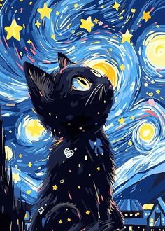 a painting of a black cat looking up at the night sky with stars in it