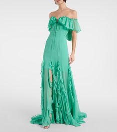 Off-shoulder corset silk gown in green - Costarellos | Mytheresa Fitted Pre-draped Maxi Dress For Summer, Pre-draped Silk Gown With Pleated Bodice, Luxury Silk Evening Dress With Sweetheart Neckline, Summer Evening Dress With Corset Back And Fitted Bodice, Spring Luxury Gown With Fitted Bodice, Silk Dress With Lined Bodice For Gala, Pre-draped Silk Evening Maxi Dress, Silk Gala Dress With Lined Bodice, Luxury Silk Chiffon Wedding Dress