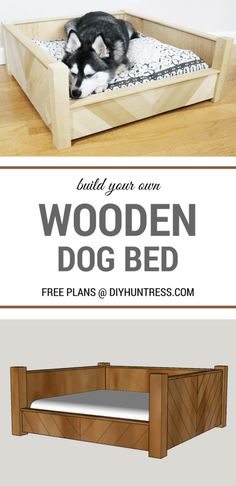 a dog bed made out of wood with the words, build your own wooden dog bed free plans @ diyuntress com