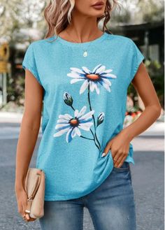 Color:Sky Blue;Size:S;Size:M;Size:L;Size:XL;Size:2XL;Size:3XL;Package Contents:1 X T Shirt;Occasion:Other;Style:Casual; Light Blue Short Sleeve Tops With Printed Details, Light Blue Printed Short Sleeve Tops, Light Blue Short Sleeve Tops With Prints, Casual Light Blue Printed T-shirt, Light Blue Graphic Print Top For Spring, Light Blue Printed Casual Tops, Blue Printed Tops With Relaxed Fit, Casual Light Blue Printed Top, Light Blue Printed Summer Top