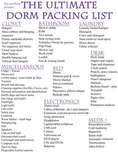 the ultimate dorm packing list is shown in purple and black, with instructions to make it easier