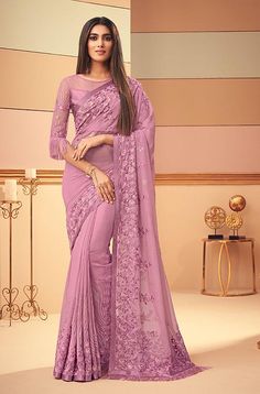 Bright Mauve Rose Designer Embroidered Silk Party Wear Saree-Saira's Boutique Color Puce, Engagement Saree, Resham Embroidery, Designer Silk Sarees, Party Sarees, Indian Silk Sarees, Ladies Blouse Designs, Saree Designs Party Wear, Party Wear Saree