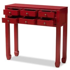 Baxton Studio Pomme Classic and Antique Red Finished Wood Bronze Finished Accents 6-Drawer Console Table FredCo Red Console Table, Console Table Classic, Traditional Console Tables, Classic Console Table, Antique Console Table, Curved Table, Modern Console Tables, Color Making, Baxton Studio