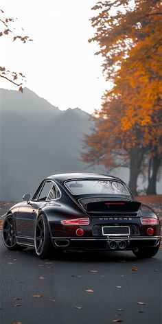 a black sports car is parked on the side of the road in front of some trees