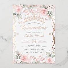 an elegant pink and gold quinceauera birthday party card with roses on it