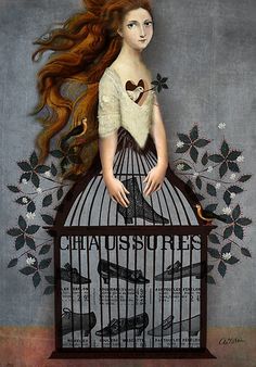 a painting of a woman with long red hair in a birdcage holding a heart