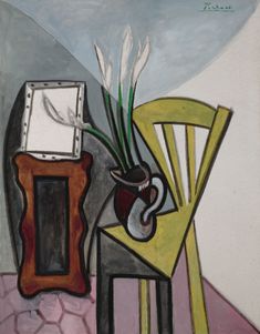 a painting of a chair, table and vase with flowers